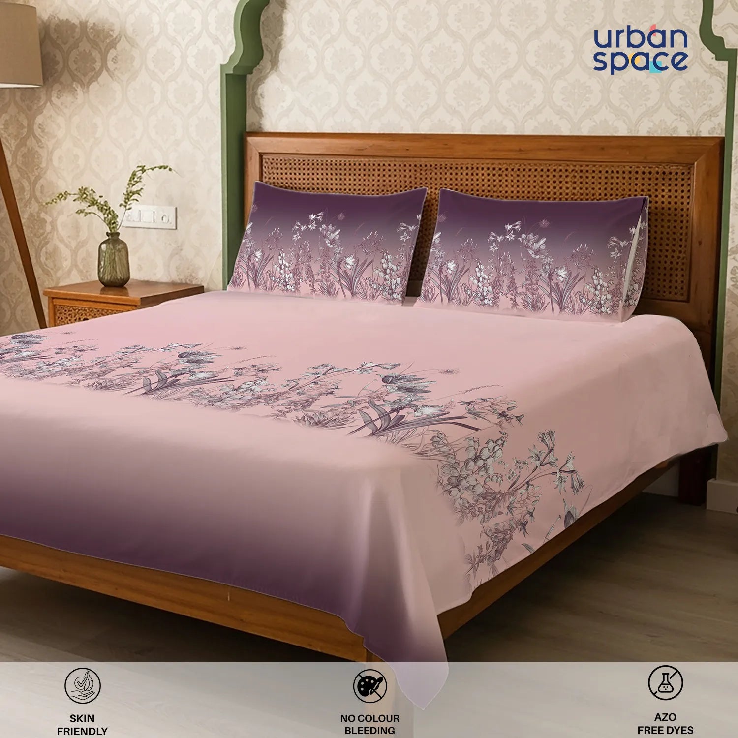 Serene 300 TC 100% Cotton Bedsheet with Pillow Covers, Panel Design - Aranya Mauve