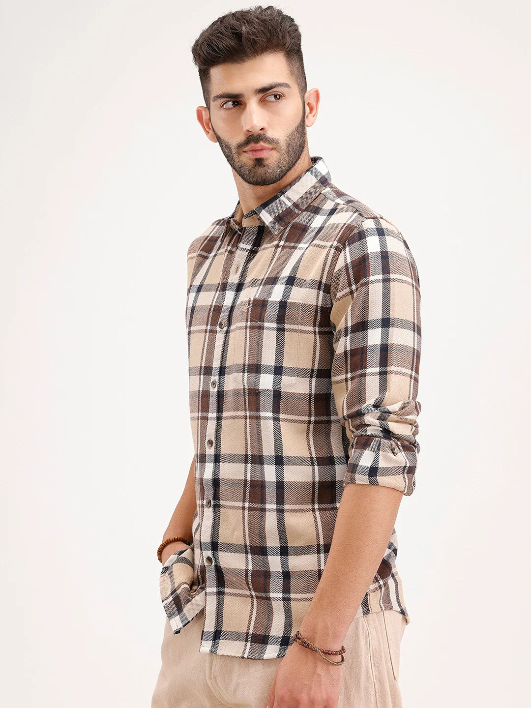 Slim Fit Herringbone Checkered Shirt | Brown
