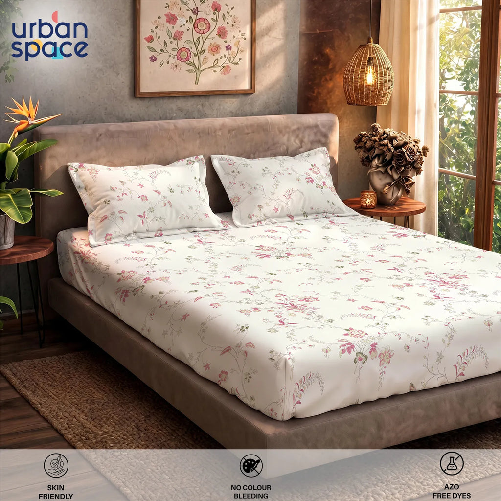 Serene 200 TC 100% Cotton Bedsheet with Pillow Covers - Bloom Pearls Pink