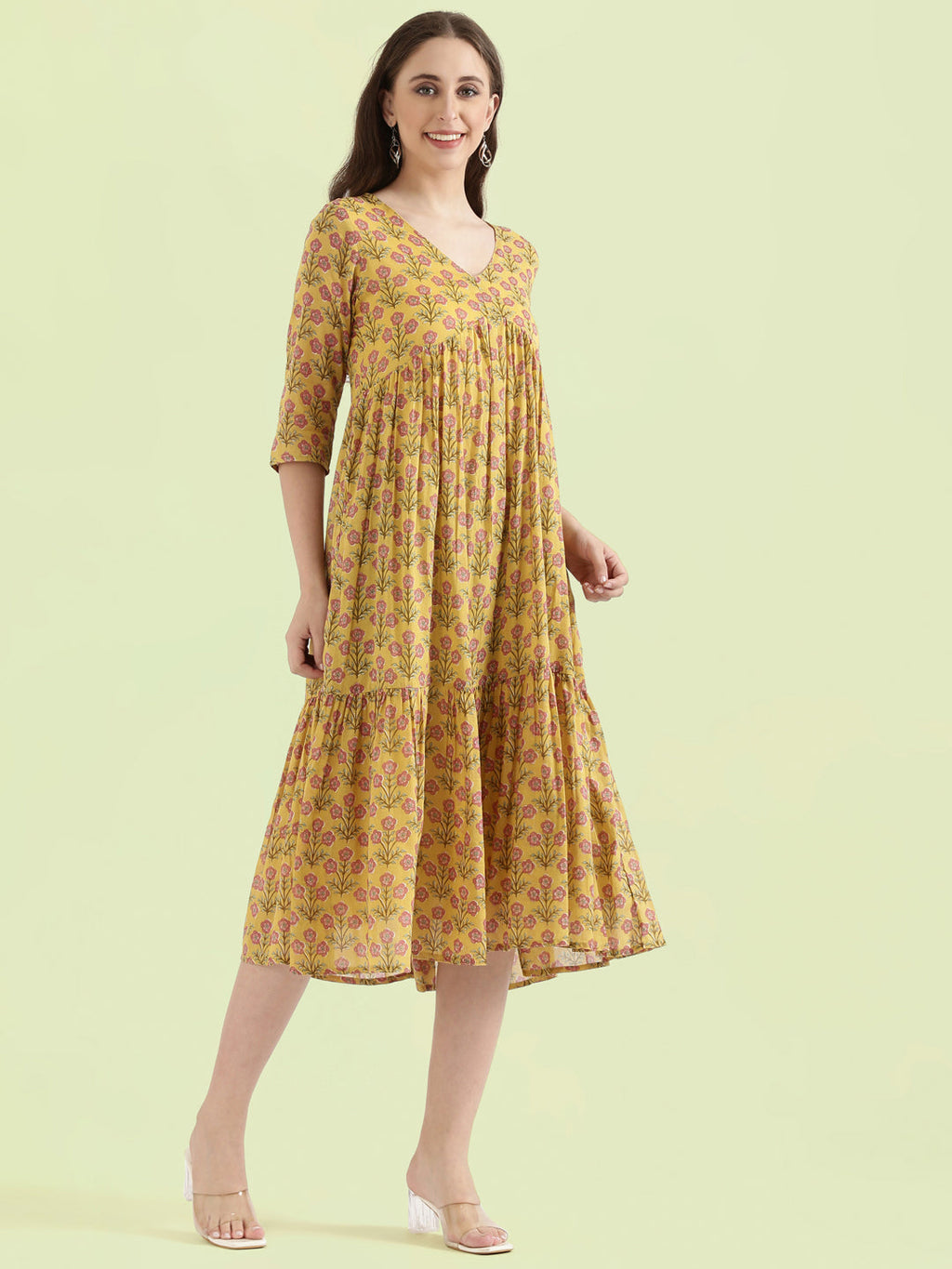 Cotton Voile Block Print V-Neck Gathered Tiered Midi Dress