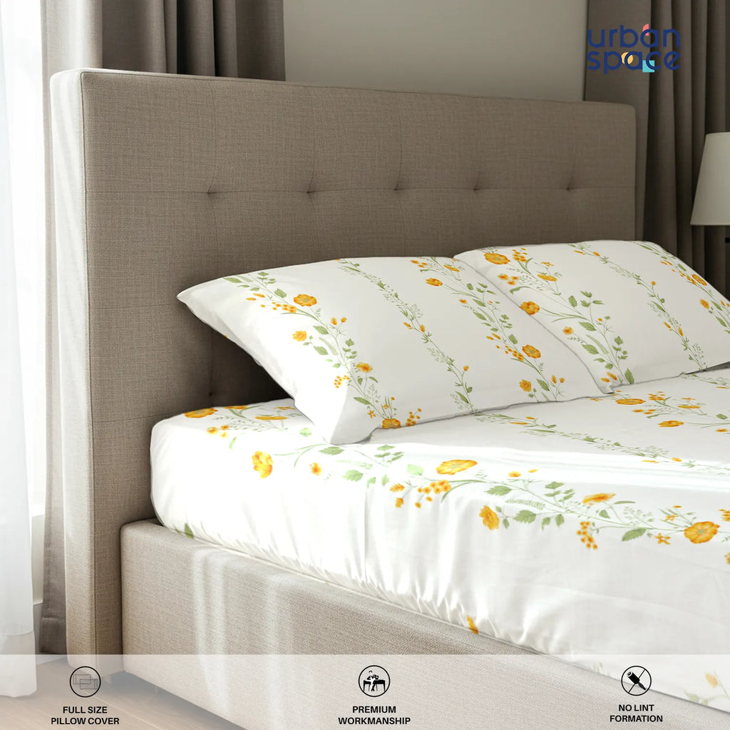Serene Collection - Breathable 200 TC 100% Pure Cotton Bedsheet with Pillow Cover, Veil Bloom- Yellow