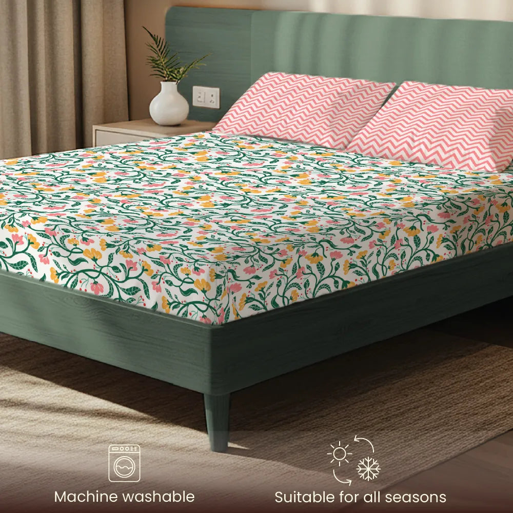 200 TC Glaced Cotton Microfiber Bedsheet with Pillow Covers - Kashmir