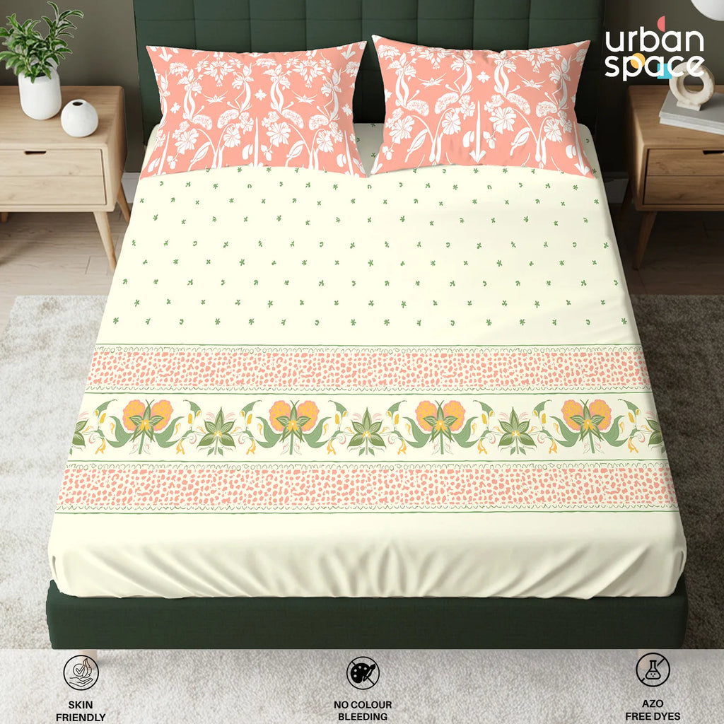 Serene 200 TC 100% Cotton Bedsheet with Pillow Covers - Ivy Bloom Peach