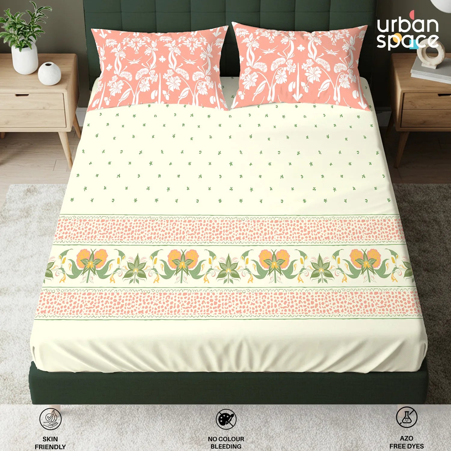 Serene 200 TC 100% Cotton Bedsheet with Pillow Covers - Ivy Bloom Peach