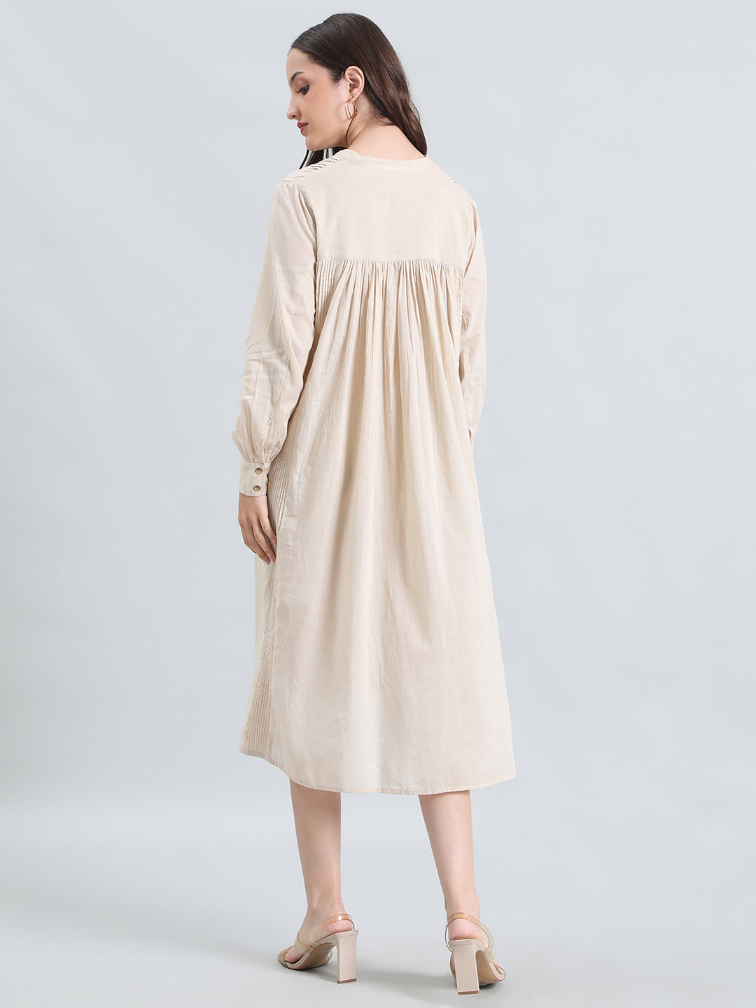 Cotton Pin-Tuck & Lace Trim Mandarin Collar Dress