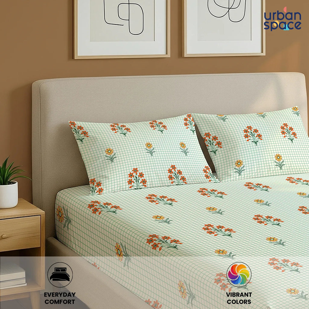 Divine Collection - Cotton Bedsheet With 2 Pillow Covers, Magnolia Sage Green