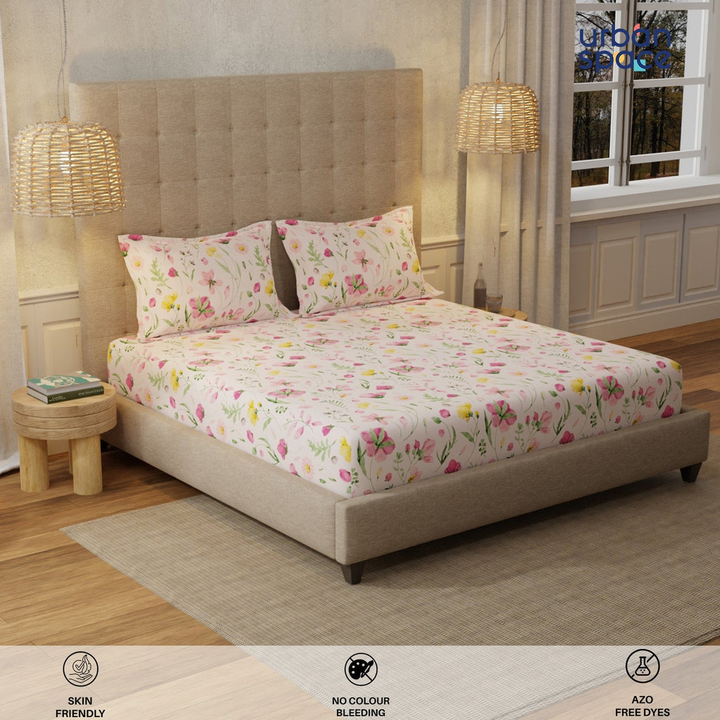 200 TC 100% Cotton Bedsheet Set in Gift Box - Meadows Pink