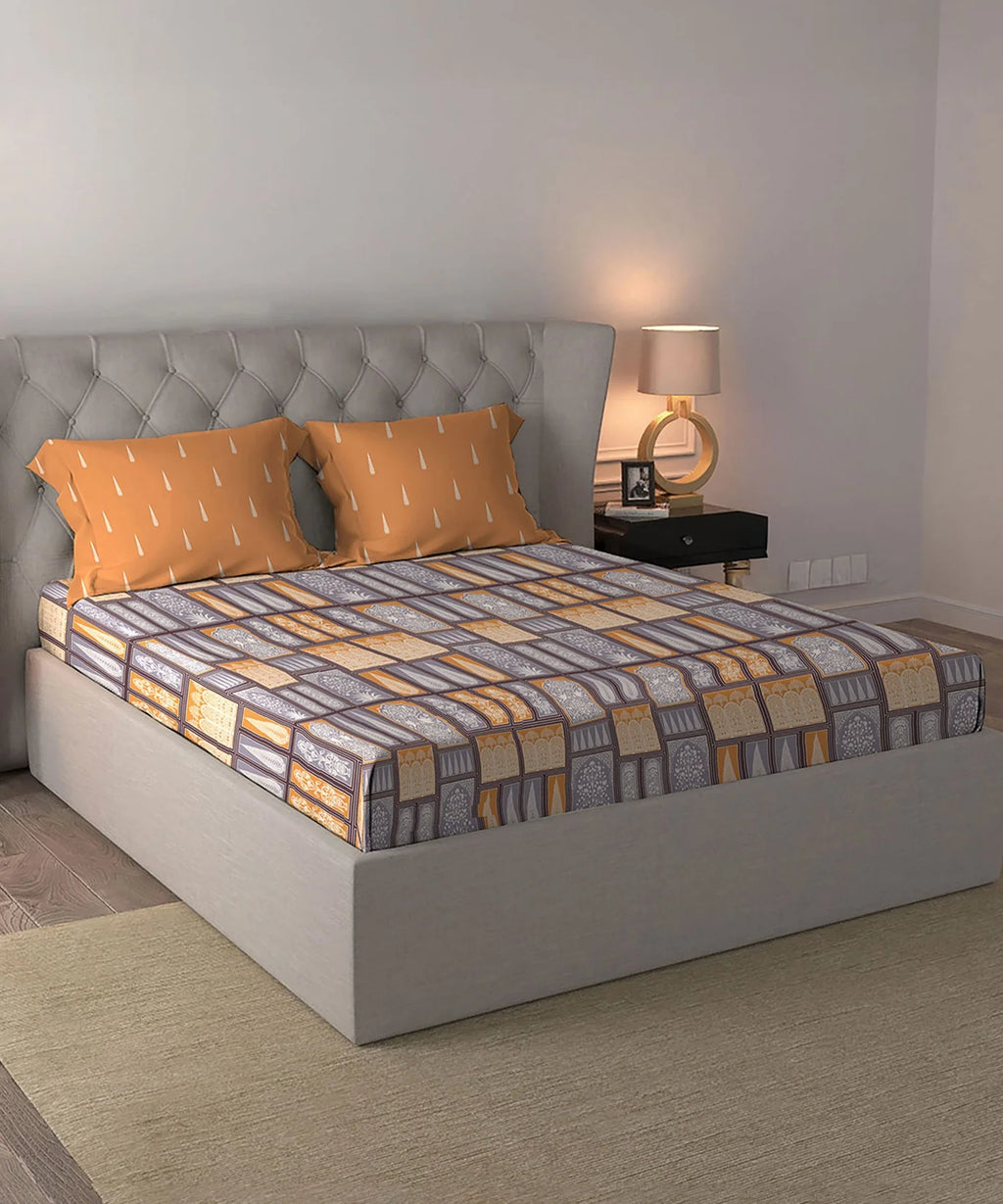 Celebration Queen Bedsheet Set, Gharana Grey | 144 TC Cotton| 2 Pillow Covers