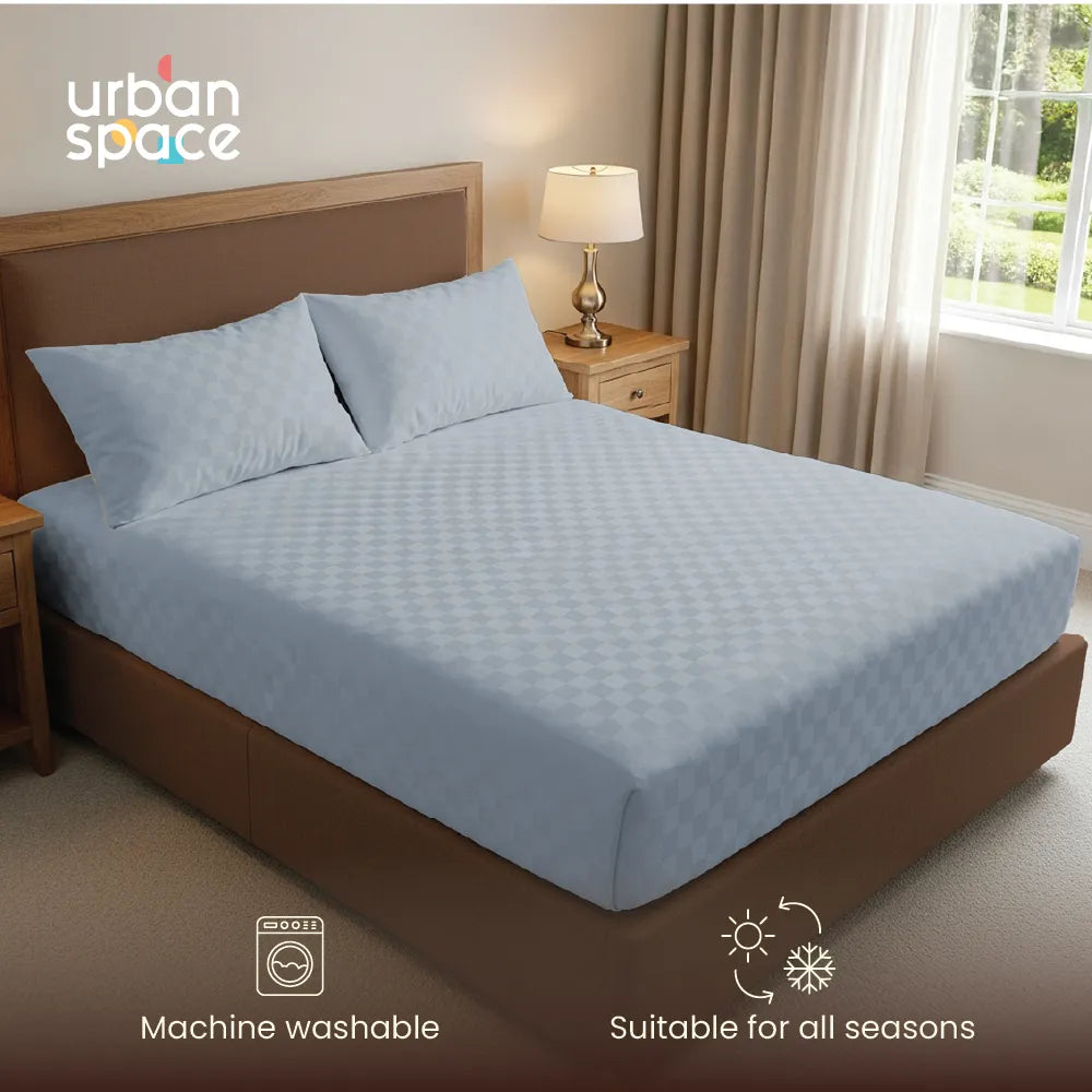 300 TC Super Soft King Bedsheet, Self Woven Cubes Design - Greyish Blue Cubes