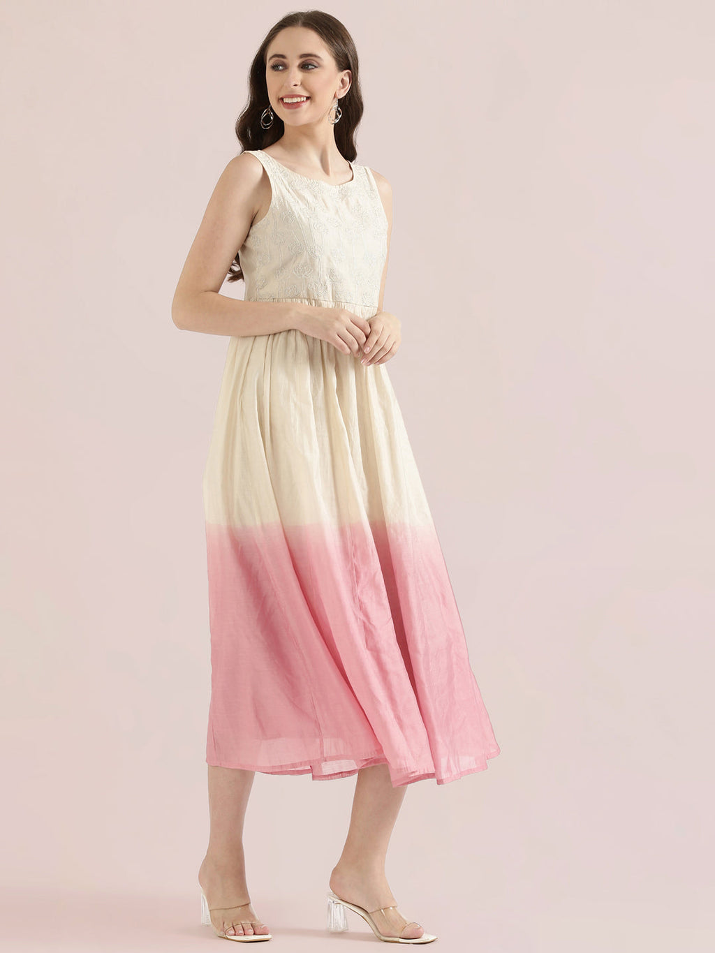 Chanderi Lotus Embroidered Ombre Dip-Dye Gathered Dress