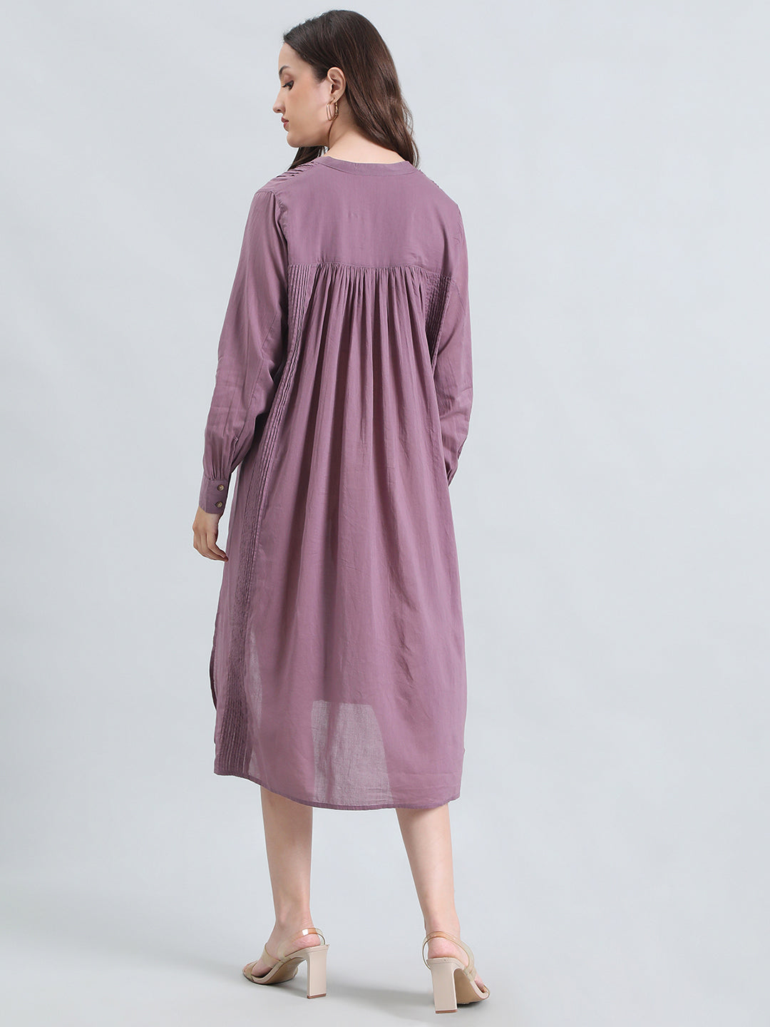 Cotton Pin-Tuck & Lace Trim Mandarin Collar Dress