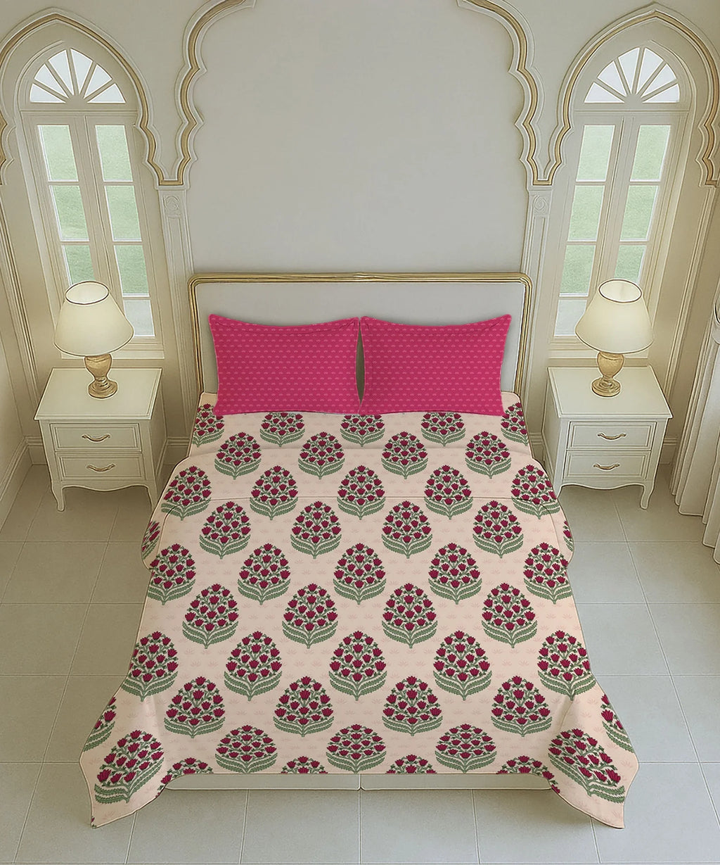 Home Essential Royal Bloom Queen Bedsheet Set, Dhalia Pink| 144TC Cotton| 2 Pillow Covers