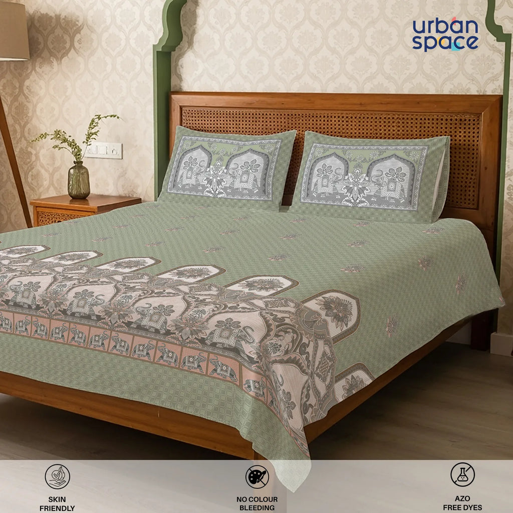 Serene 300 TC 100% Cotton Bedsheet with Pillow Covers, Panel Design - Vanraj Sage Green
