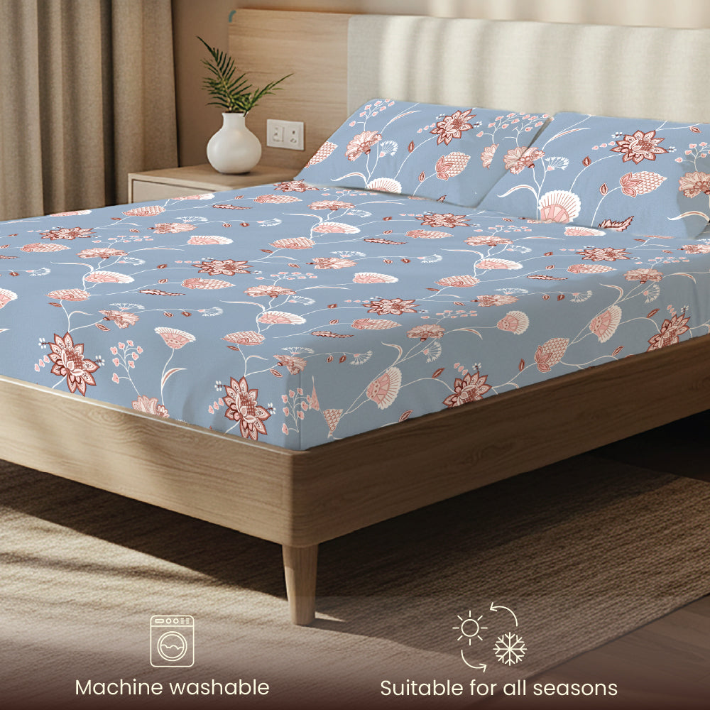200 TC Glaced Cotton Microfiber Bedsheet with Pillow Covers - Orient Flowers