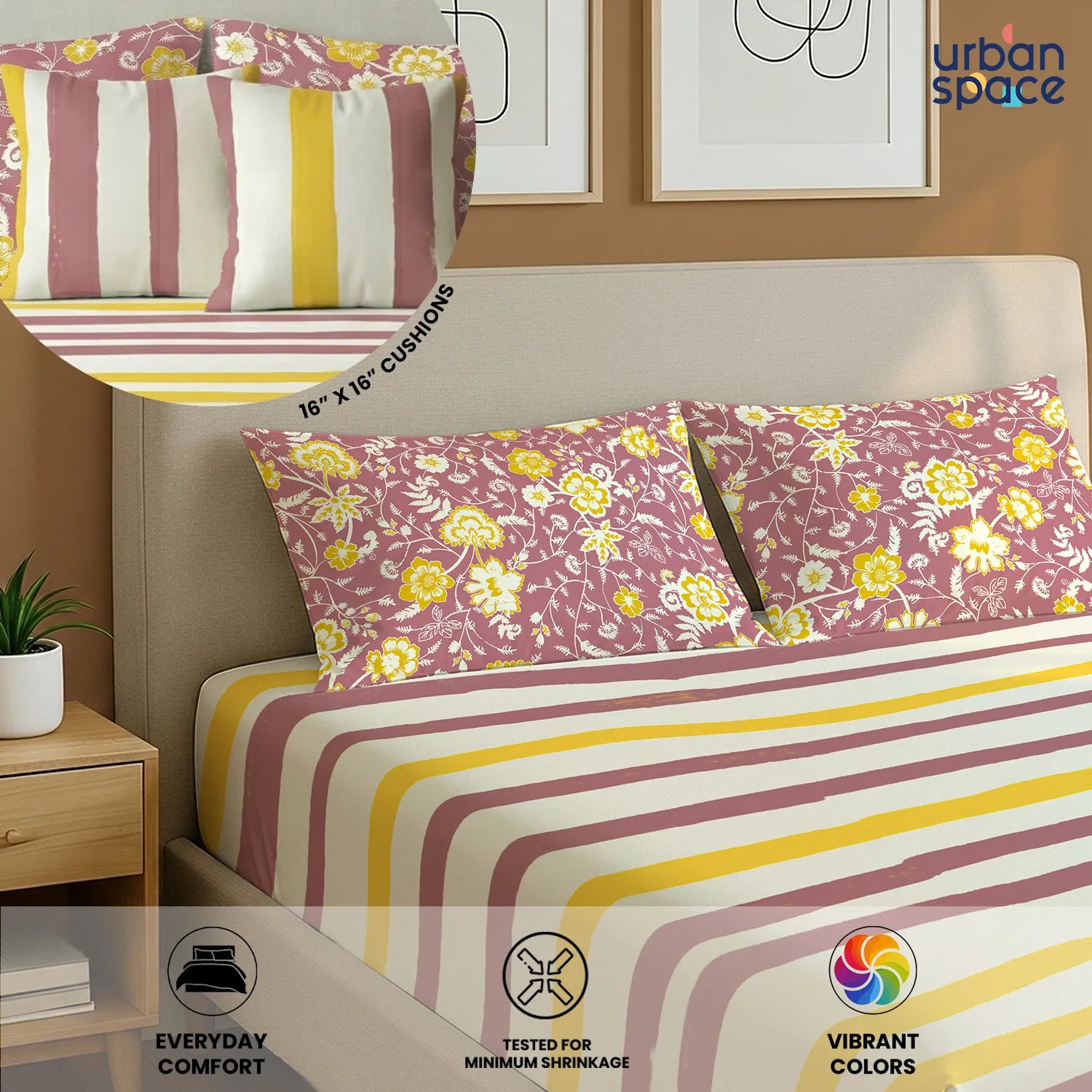 5 PC Cotton Double Bedsheet Set with 2 Pillow + 2 Cushion Covers - Streak Muddy Pink