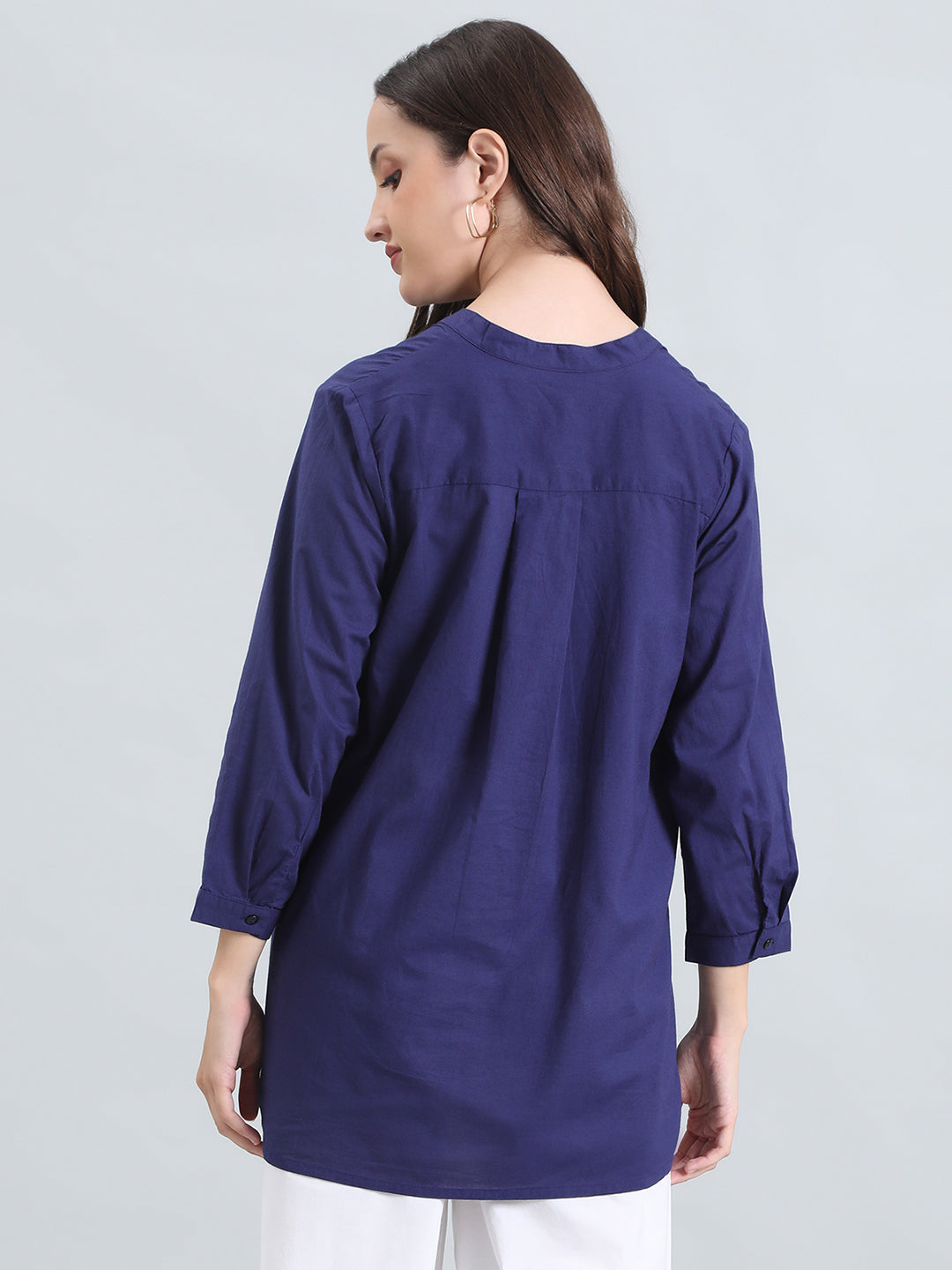Cambric Cotton Thread Embroidered Mandarin Collar Longline Shirt