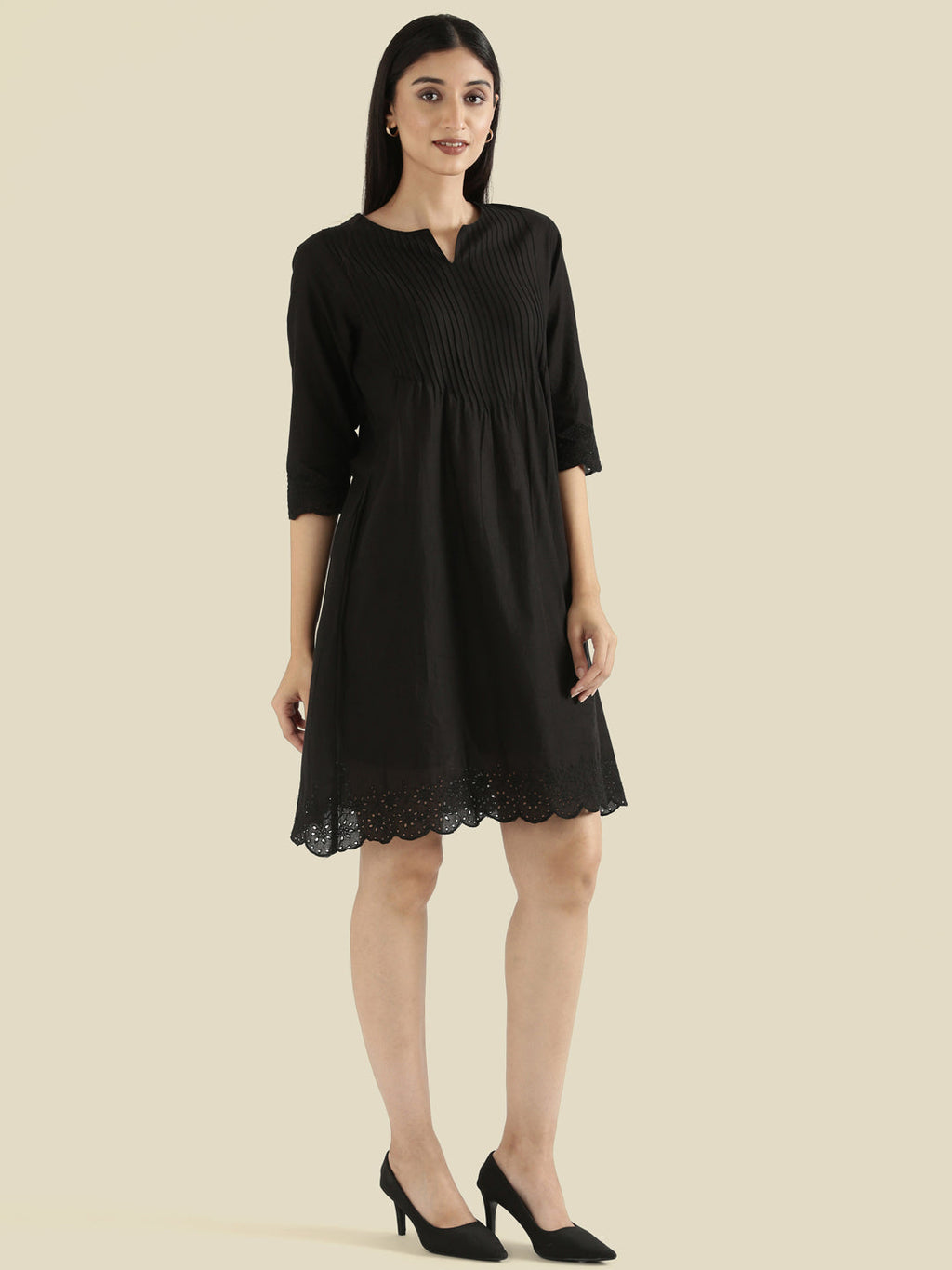 Cambric Cotton Pin-Tuck Schiffli Hakoba Midi Dress