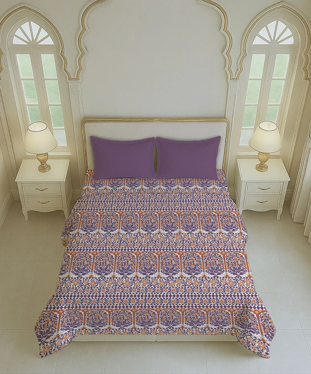 Home Essential Royal Bloom Queen Bedsheet Set, Rosario Purple| 144TC Cotton| 2 Pillow Covers