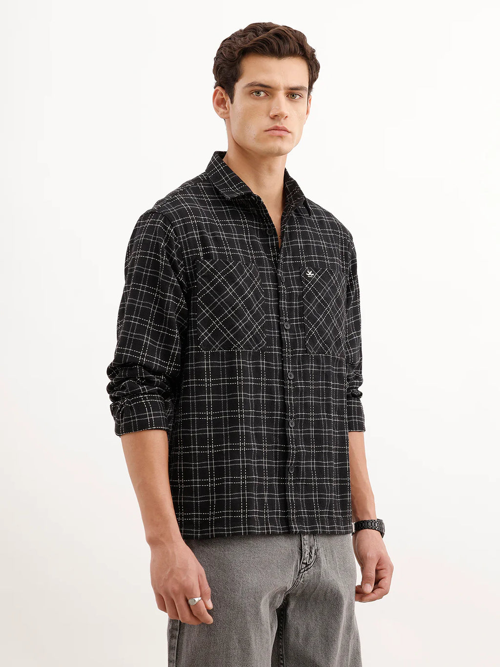 Comfort Fit Textured Double Pocket Shirt  | Black