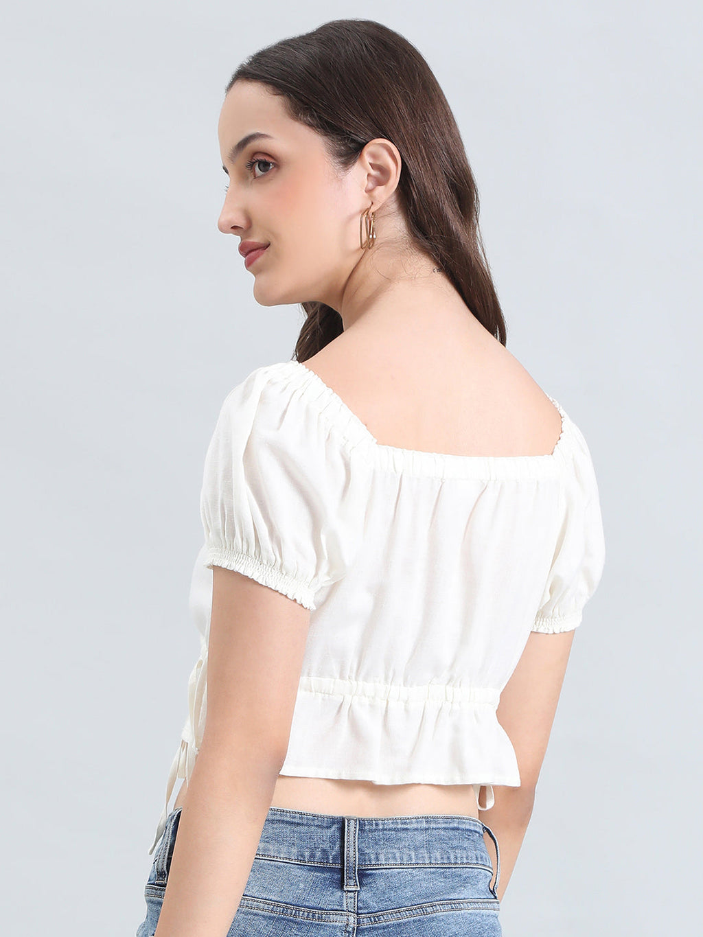 Linen Blend Square Neck Cropped Gathered Blouse