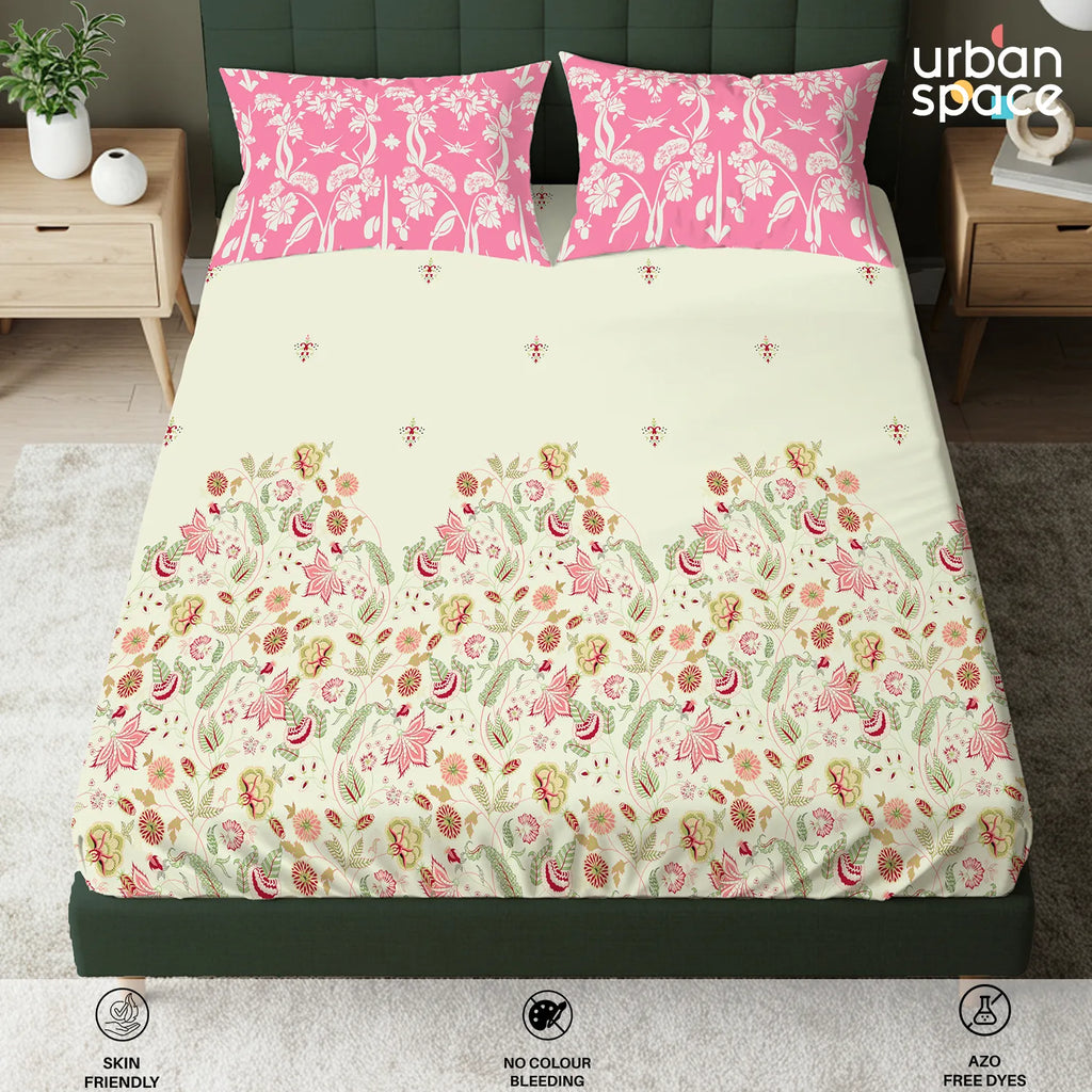 Serene 200 TC 100% Cotton Bedsheet with Pillow Covers - Vine Gardens Peach Pink