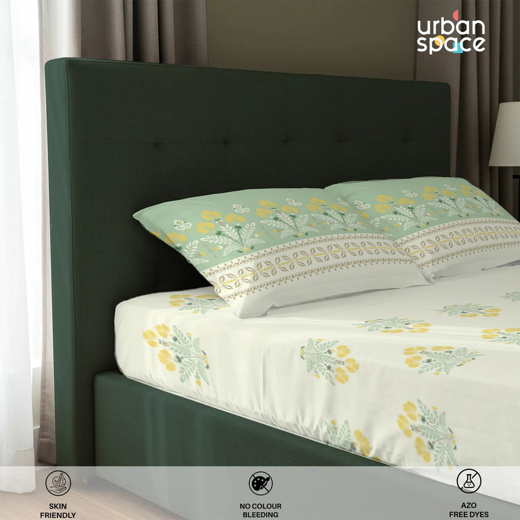 Serene 200 TC 100% Cotton Bedsheet with Pillow Covers - Malhaar Sage Green