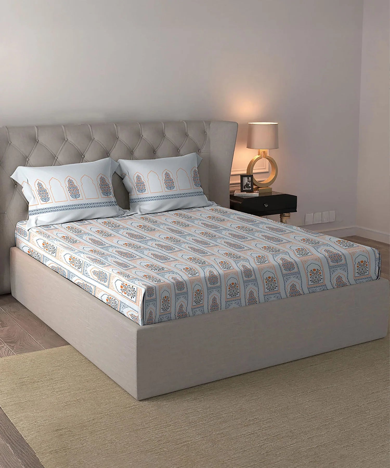 Celebration Queen Bedsheet Set, Mehira Grey | 144 TC Cotton| 2 Pillow Covers