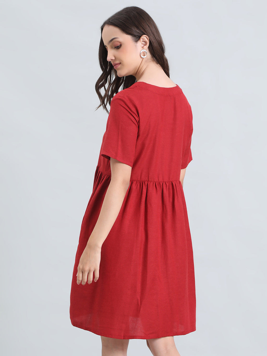 Linen V-Neck Regular Fit Short Dress