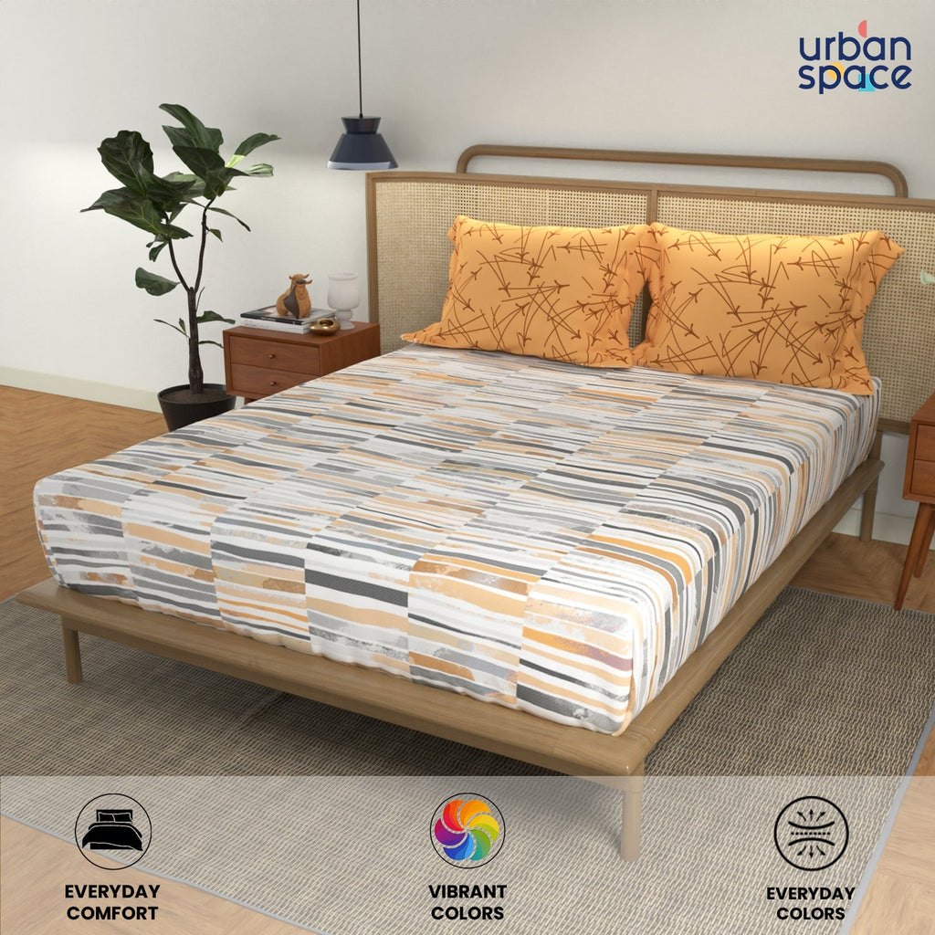 Divine Collection - Cotton Bedsheet With 2 Pillow Covers, Stripes Mustard