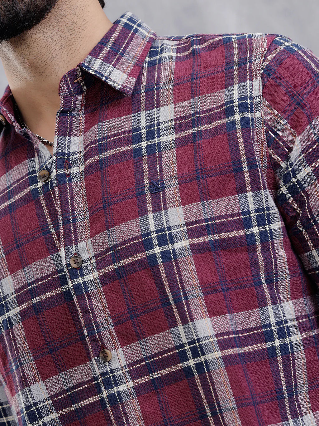 Slim Fit Check Shirt In Special Slub Weave | Maroon