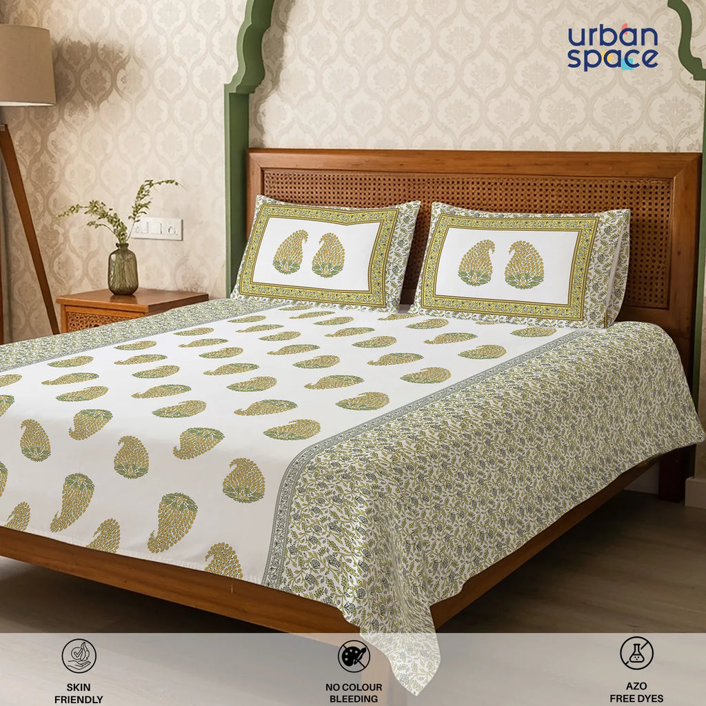 Serene 300 TC 100% Cotton Bedsheet with Pillow Covers, Panel Design - Kairavi Soft Yellow