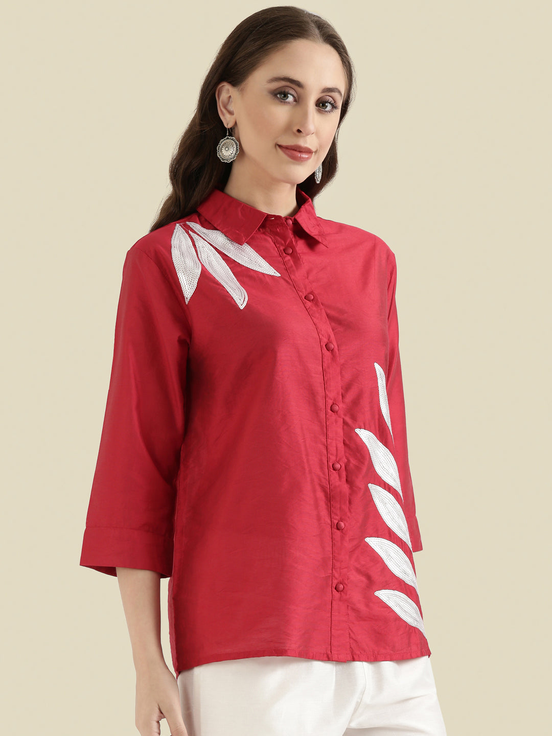 Viscose Sequin Embroidery Classic Collar Blouse
