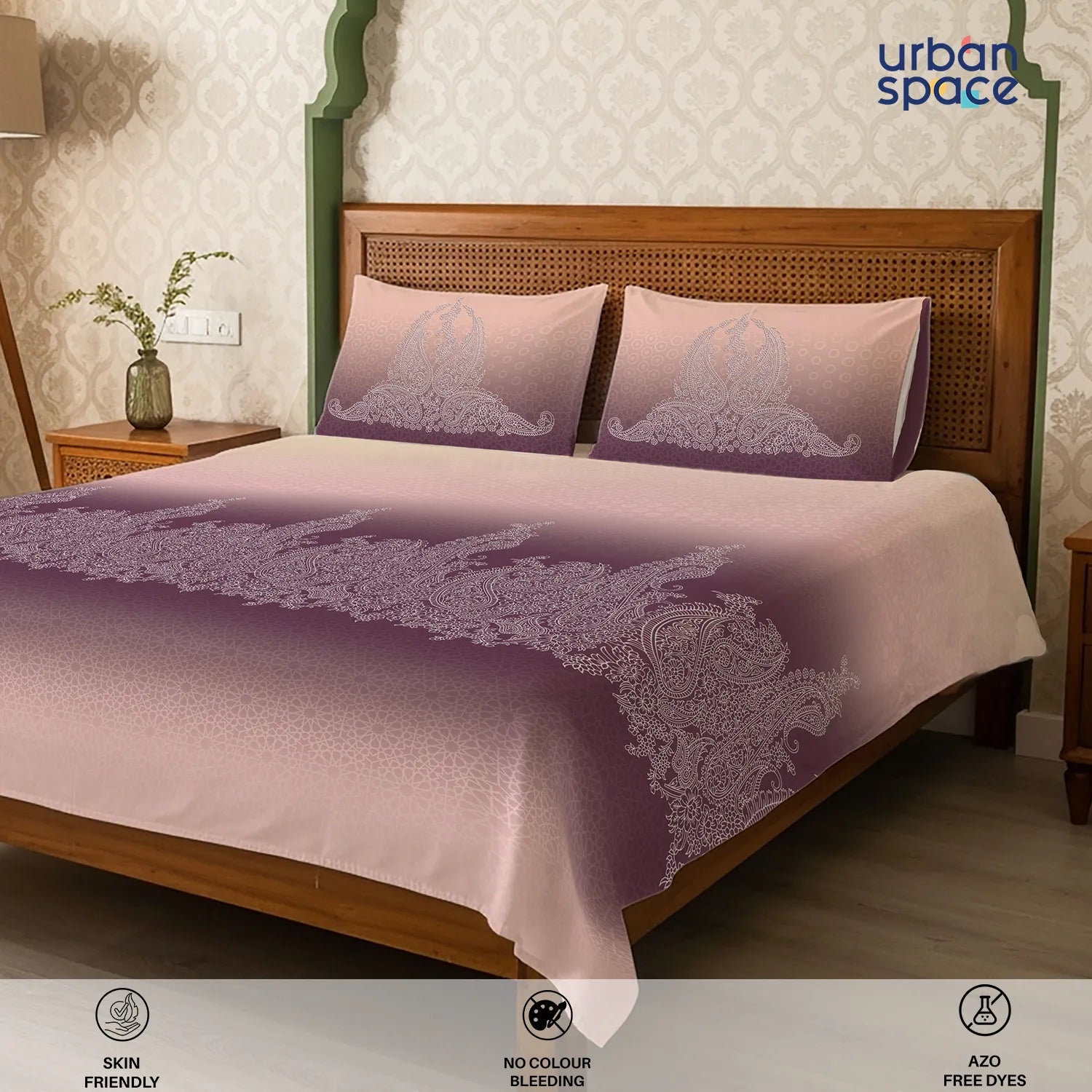 Serene 300 TC 100% Cotton Bedsheet with Pillow Covers, Panel Design - Ruhani Mauve