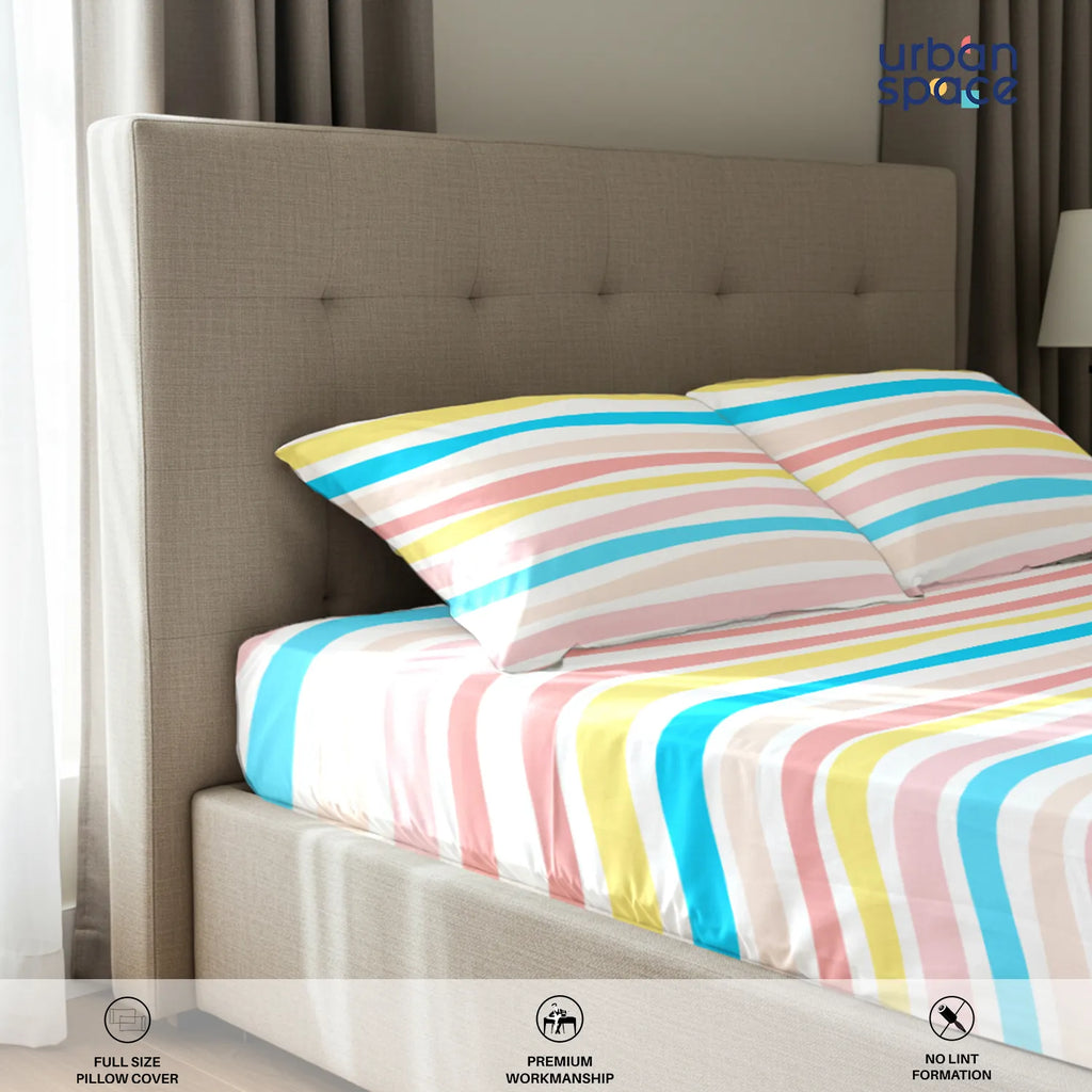 Serene Collection - Breathable 200 TC 100% Pure Cotton Bedsheet with Pillow Cover, MultiColour Stripes-Pastel
