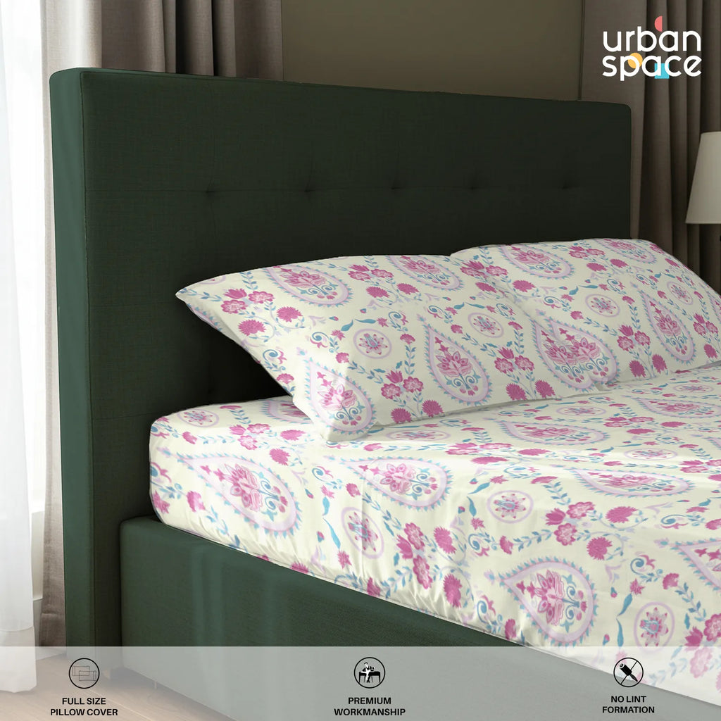 Serene 200 TC 100% Cotton Bedsheet with Pillow Covers - Persian Courtyard Pink