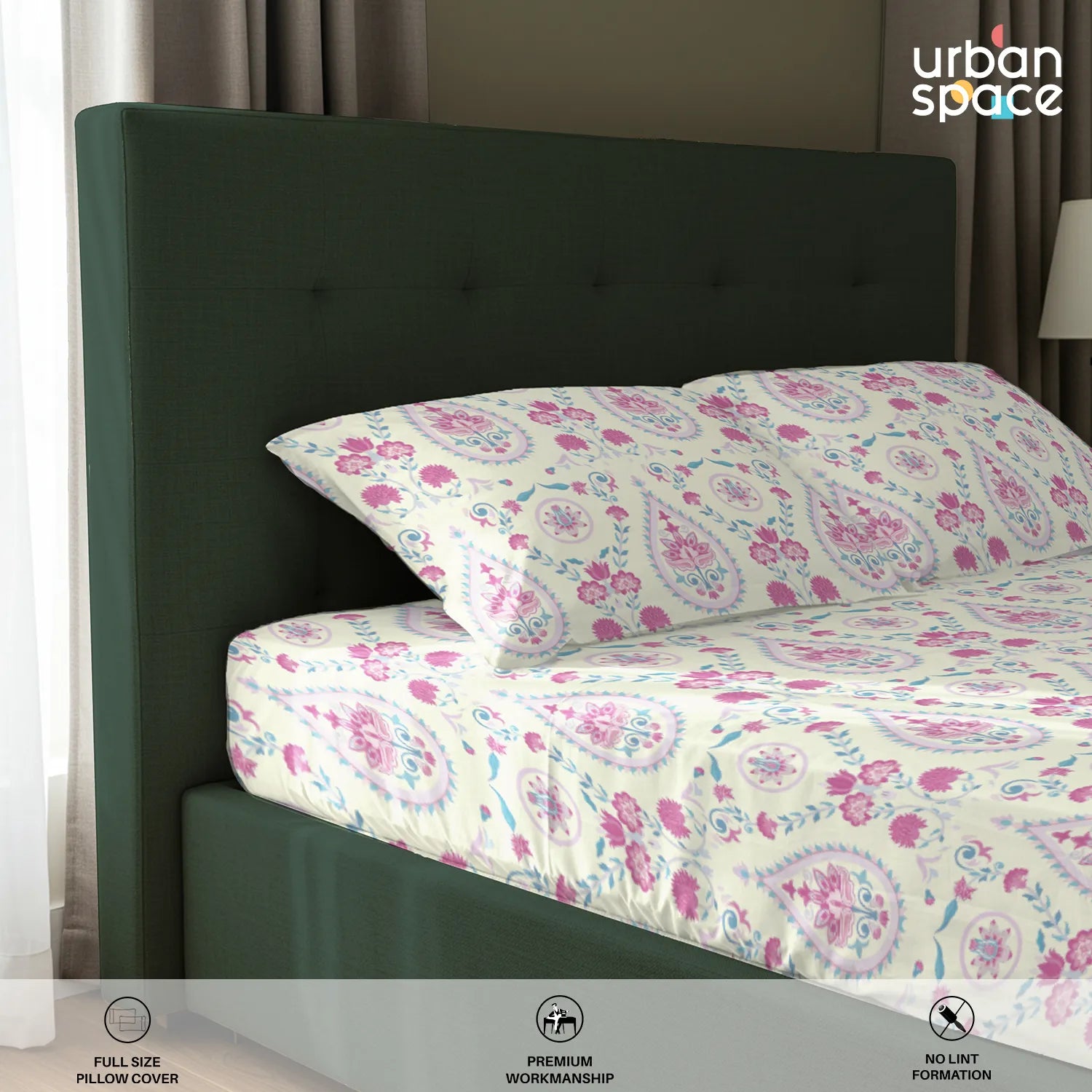 Serene 200 TC 100% Cotton Bedsheet with Pillow Covers - Persian Courtyard Pink