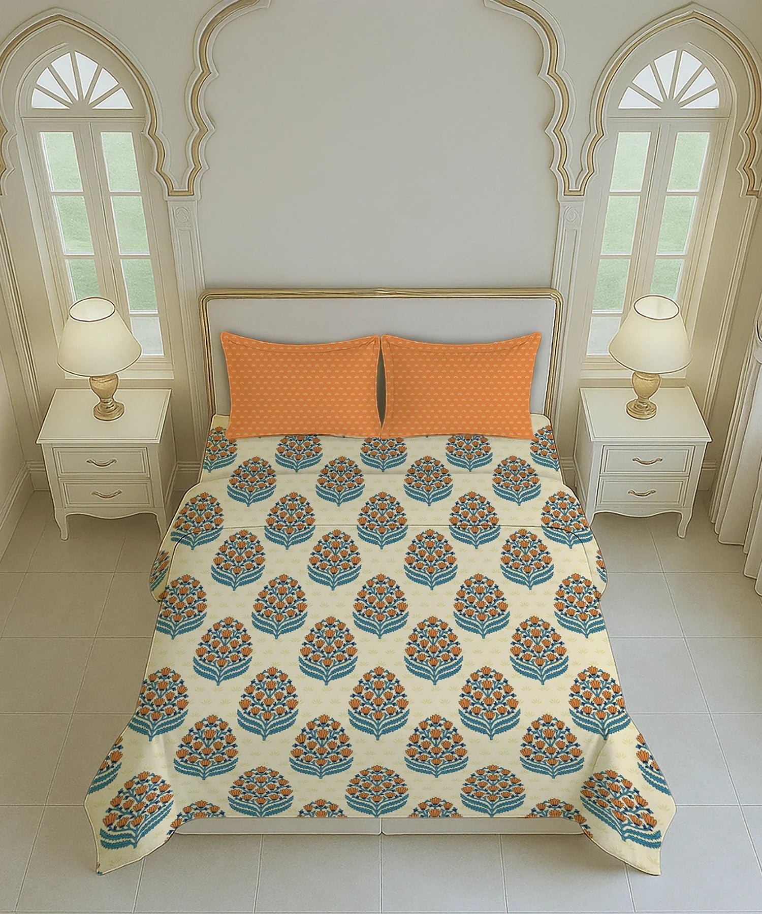 Home Essential Royal Bloom Queen Bedsheet Set, Dhalia Orange| 144TC Cotton| 2 Pillow Covers