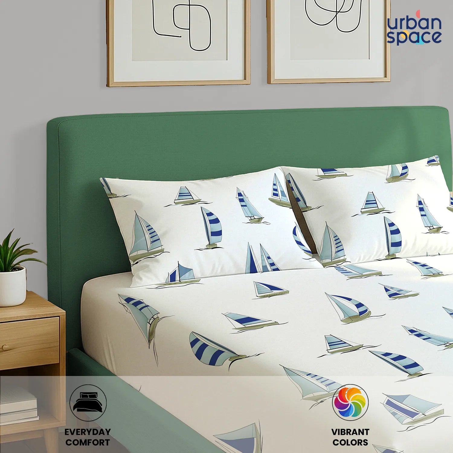Divine Collection - Cotton Bedsheet With 2 Pillow Covers, Ocean Boats Blue