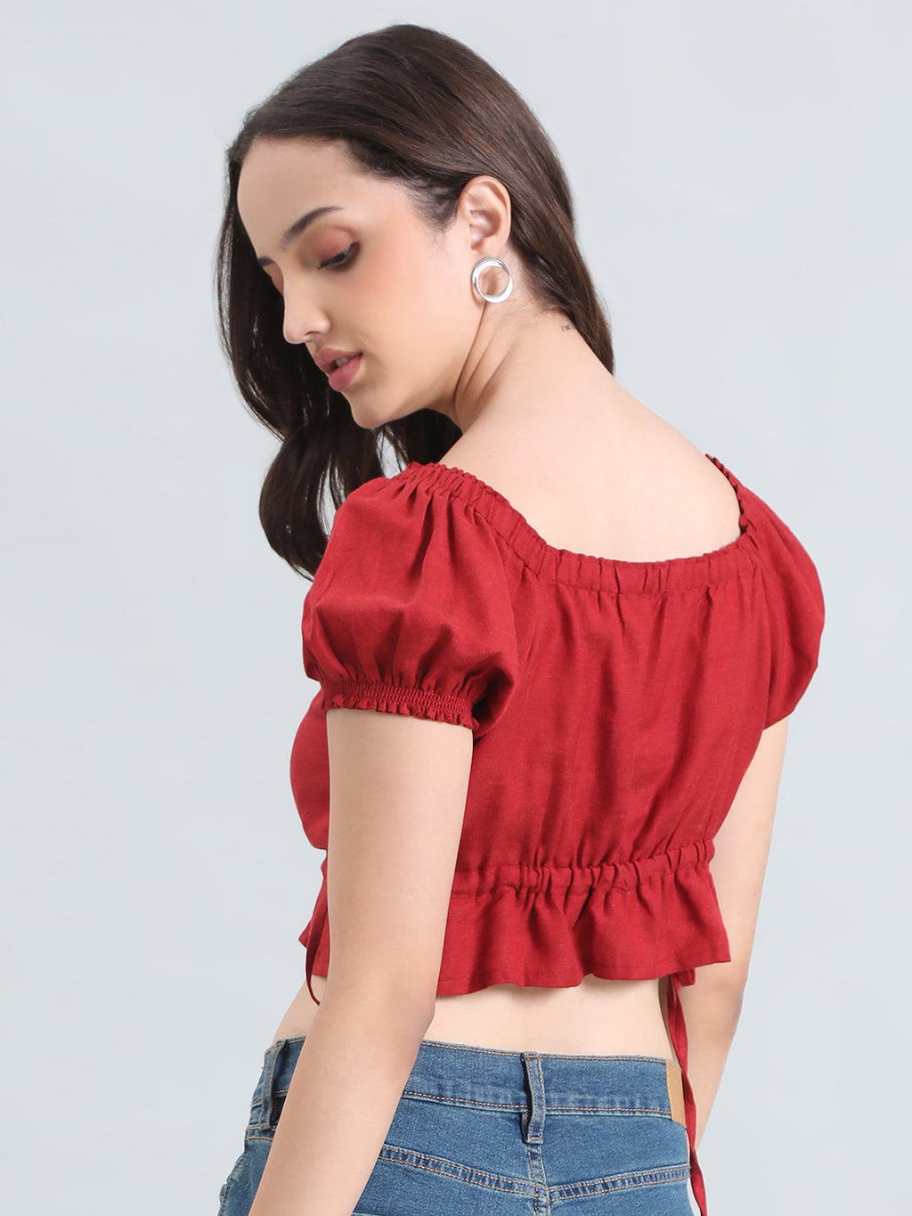 Linen Blend Square Neck Cropped Gathered Blouse