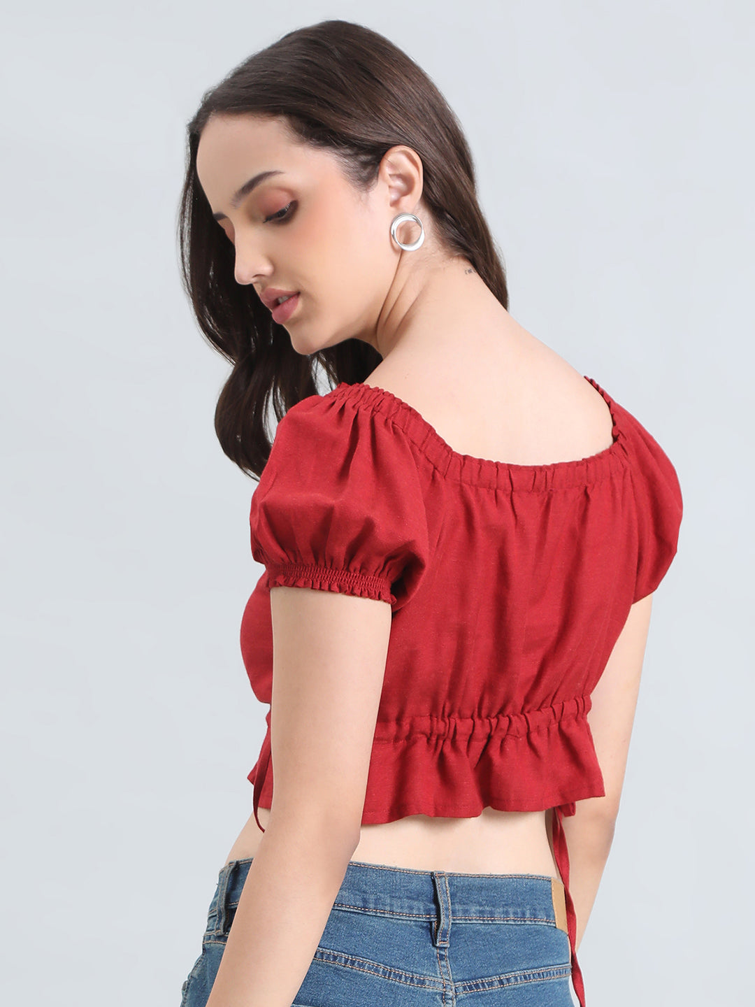 Linen Blend Square Neck Cropped Gathered Blouse