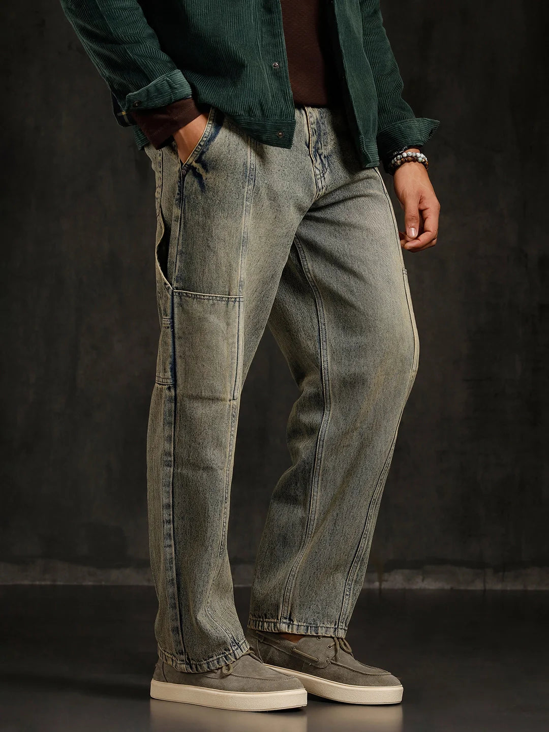 Slanted Pocket Loose Fit Jeans | Grey