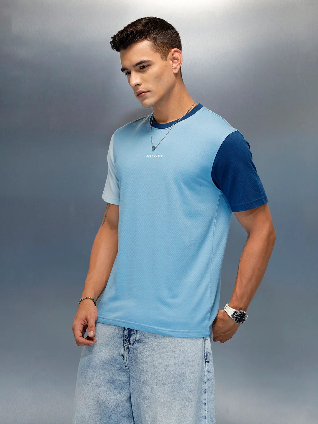 Men's Casual Regular Fit Colorblock T-Shirt | Light Blue