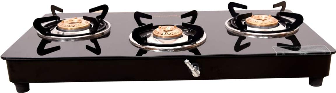 Butterfly Smart Glass 3 Burner Gas Stove, Black & White (Manual Ignition)