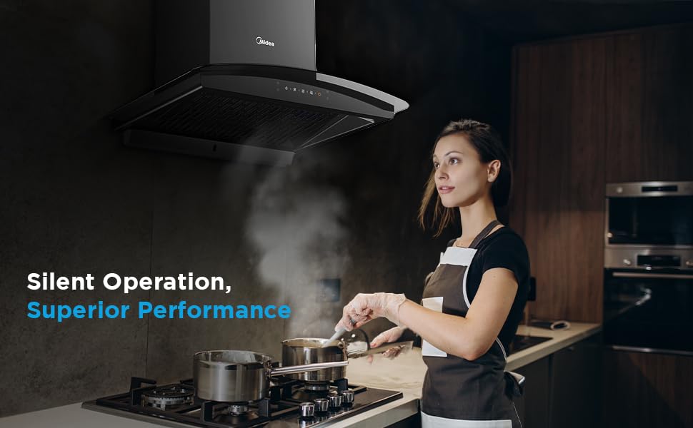 Midea 60 cm Chimney 1250 m3/hr strong suction power | Filter-less | Auto clean Reminder | Gesture Control | Free Installation | Black l MH60A17EM26BB-IN