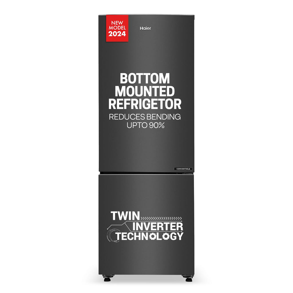 Haier 237 L, 3 Star, 8 In 1 Convertible, Twin Inverter Technology, Bottom Mounted Frost Free Double Door Refrigerator (HEB-243GB-P, GE Black)