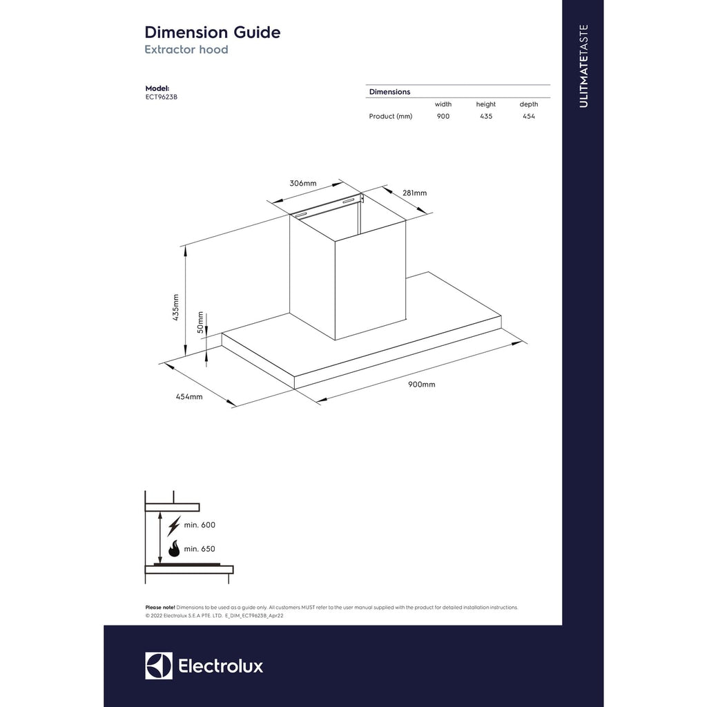 Electrolux 90cm T-Box Chimney for up to 210 sqft Kitchen, UltimateTaste 500, Black, ECT9623B