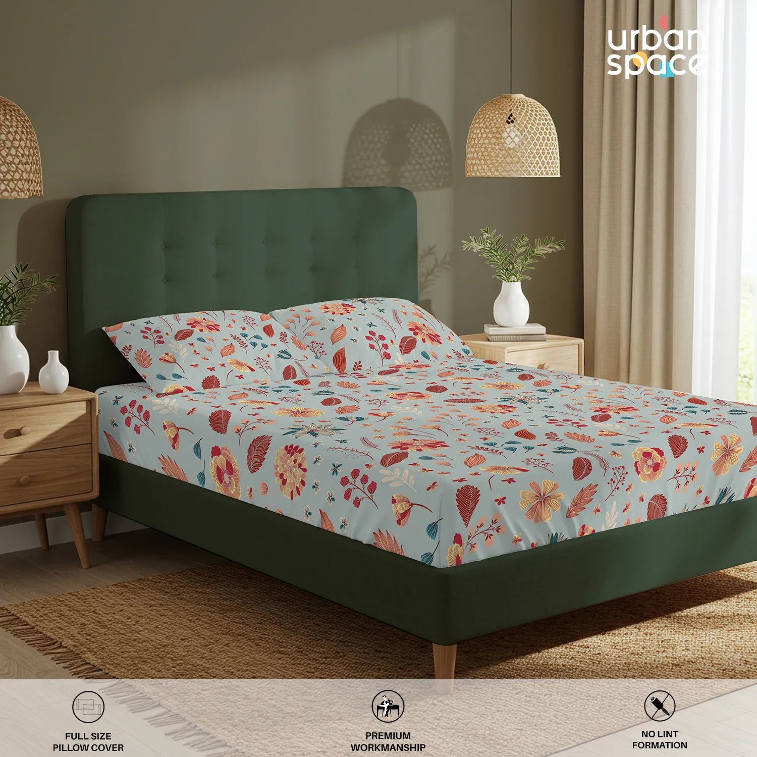 Serene 200 TC 100% Cotton Bedsheet with Pillow Covers - Florence Sky Blue