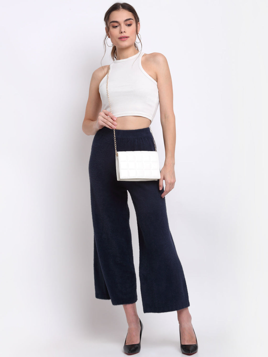 Navy Blue Loose Fit Faux-Fur Lower