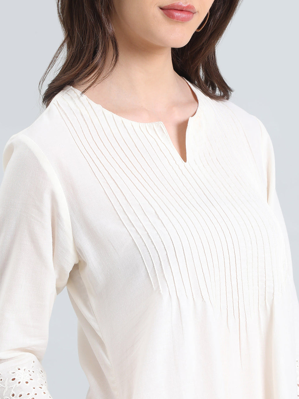 Cambric Cotton Pin-Tuck Schiffli Hakoba Midi Dress