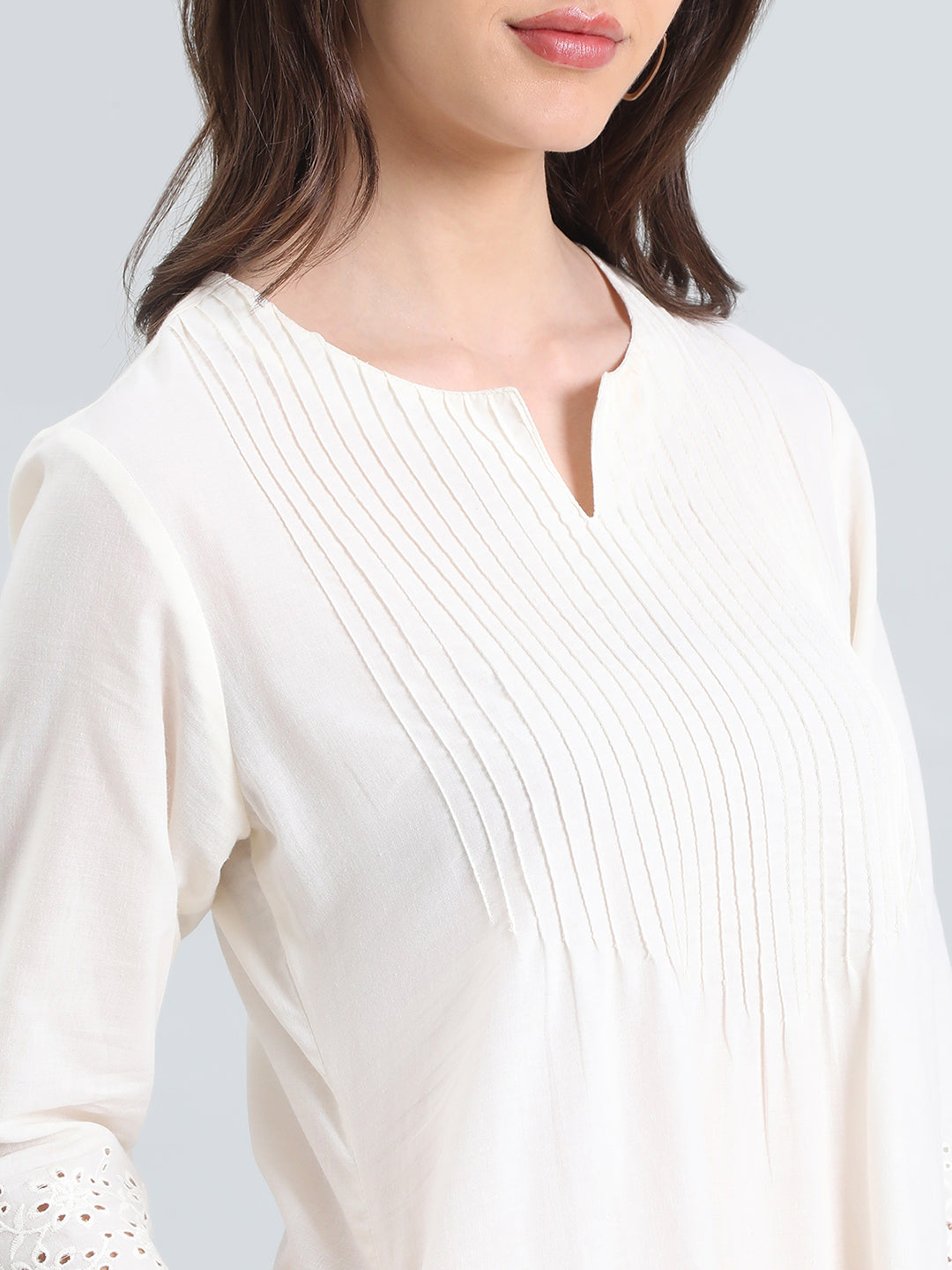 Cambric Cotton Pin-Tuck Schiffli Hakoba Midi Dress